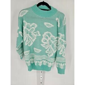 VTG 1990s Just Knits Womens Sz M Light Teal Metallic Weave Floral Sweater